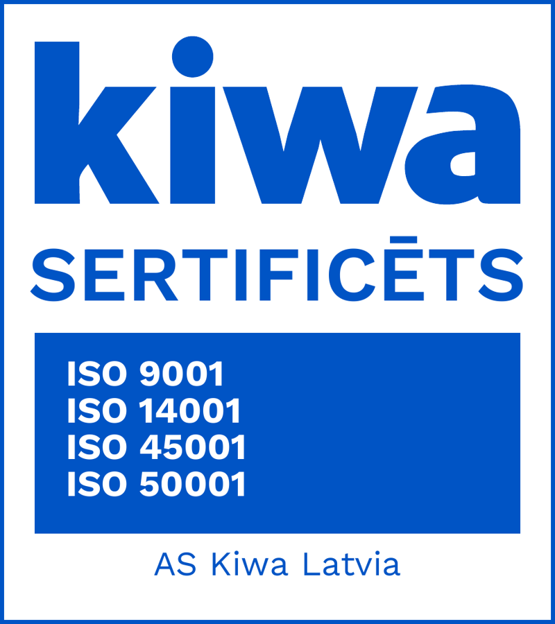 Kiwa sertificēts: ISO 9001, ISO 14001, ISO 45001, ISO 50001